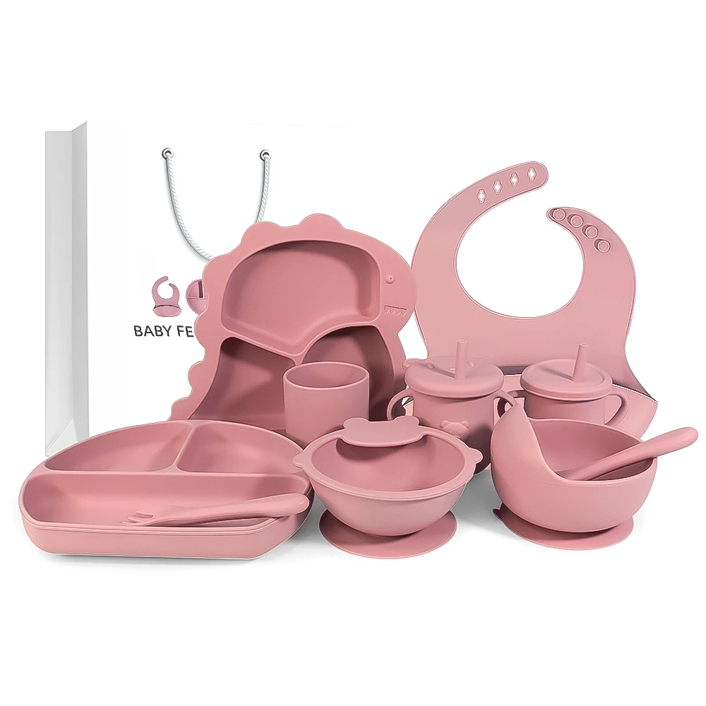 Eco-friendly Bpa Free Non-spill Kids Silicone Suction Bowl Plate Bib Cutlery Silicone Bib Bowl Spoon Baby Feeding Set
