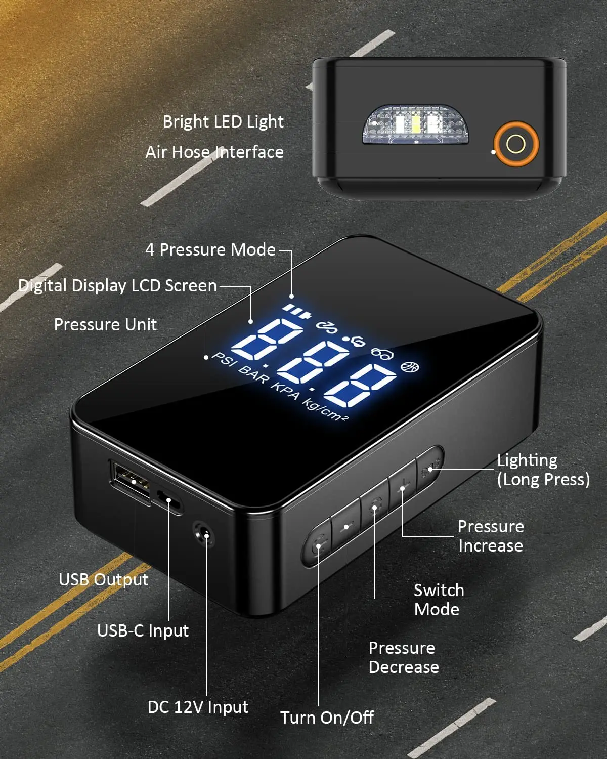 Portable Air Compressor Tire Inflator 12V Portable Air Pump with 6000mAh Battery 140PSI Digital Screen and Emergency LED Light