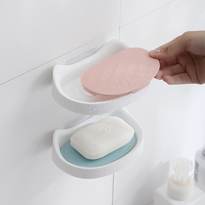 New Cat Soap Box Shelf Wall-Mounted Double-Layer Plastic Dishes Small Box Soap Holder Wall Mounted Bathroom Accessories Soap Box