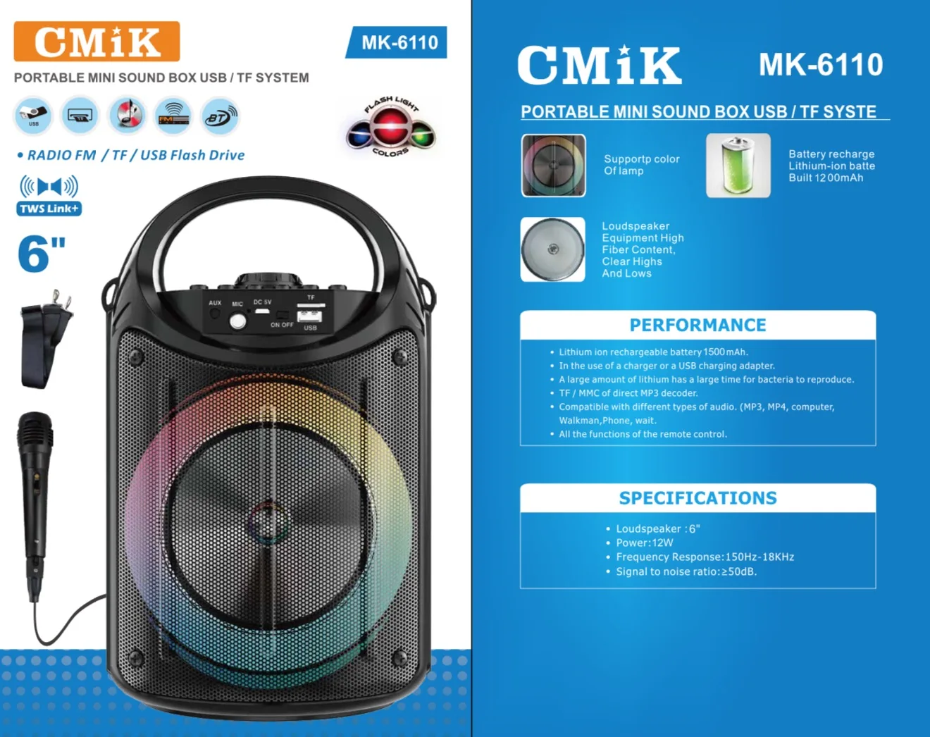 cmik mk-6110 Outdoor 6.5 inch Wireless Party Portable 4.2 Speaker Handheld Essential Radio Speaker bocinas parlante