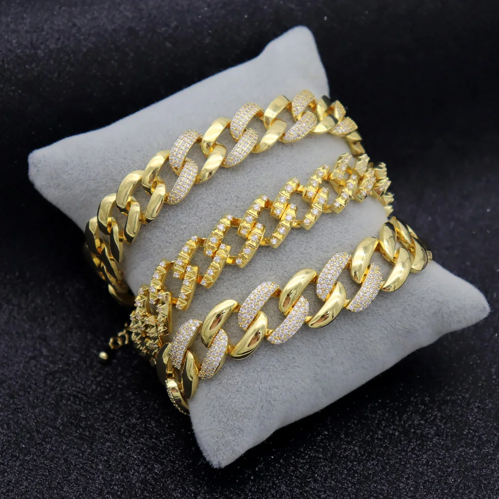 Wholesale Hot Sale Brass Cuban Link Chain Hip Hop Bracelet Men 18 Karat Gold Bracelet