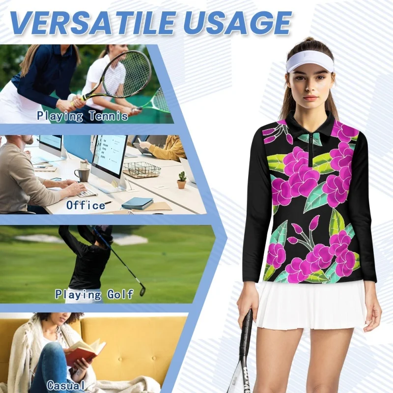 Long Women Golf Shirt Hawaiian Hibiscus Custom Print Casual Sport Tops Breath Gym Outdoor Autumn Female Clothes Polo Shirts