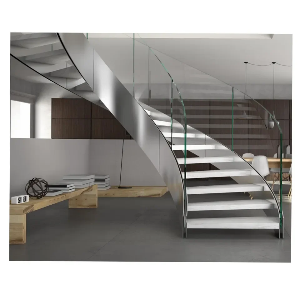 High Quality Modern Indoor Curved Staircase Laminated Interior Glass Spiral Stairs with Glass Railing