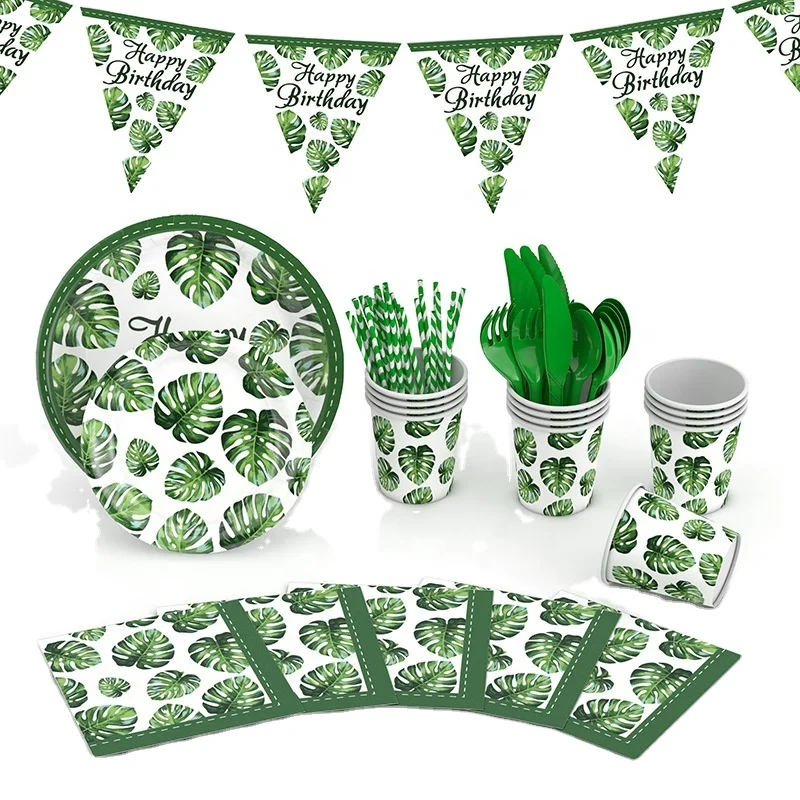 DAMAI Green Plant Theme Disposable Party Paper Plate For Kids Happy Birthday Party Tableware Green Gold Latex Balloon Supplies