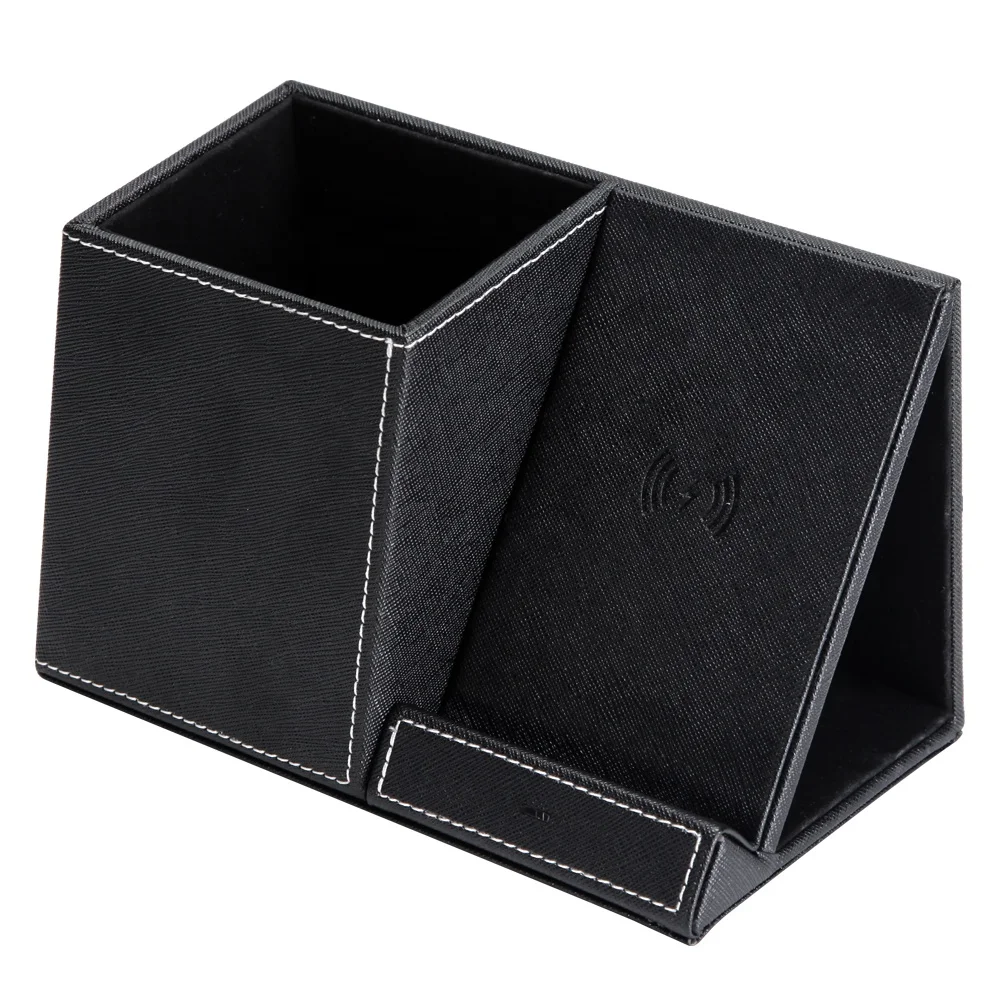 10w Qi Certificate Leather Desk Organizer Wireless Charger Pen Holder for iphone 13