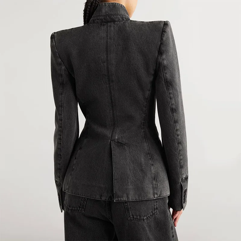 High Quality OEM Classic Women Black Washed Asymmetric Denim Blazer Slim Fit Stand Up Collar Denim Blazer Jacket For Women