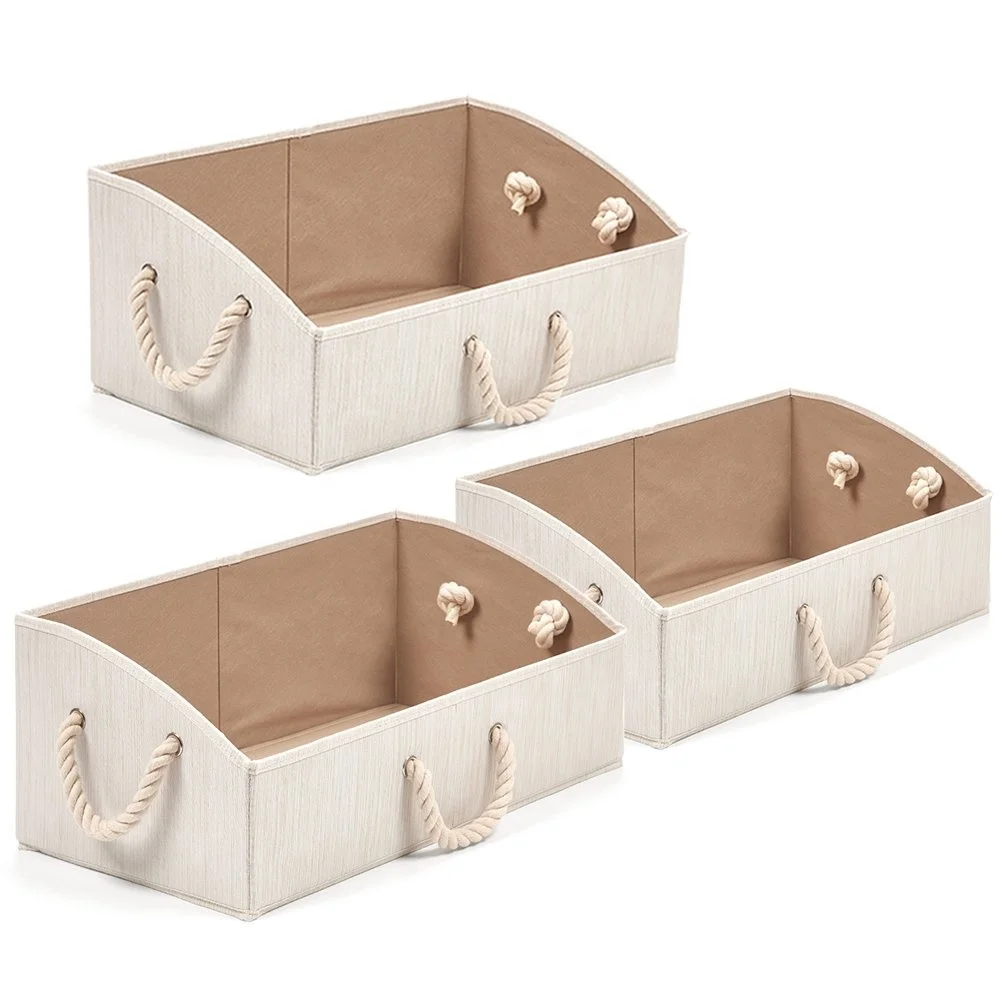 Open Storage Bins Foldable Bamboo Fabric Trapezoid Organizer Boxes with Cotton Rope Handle, Collapsible Basket for Shelves