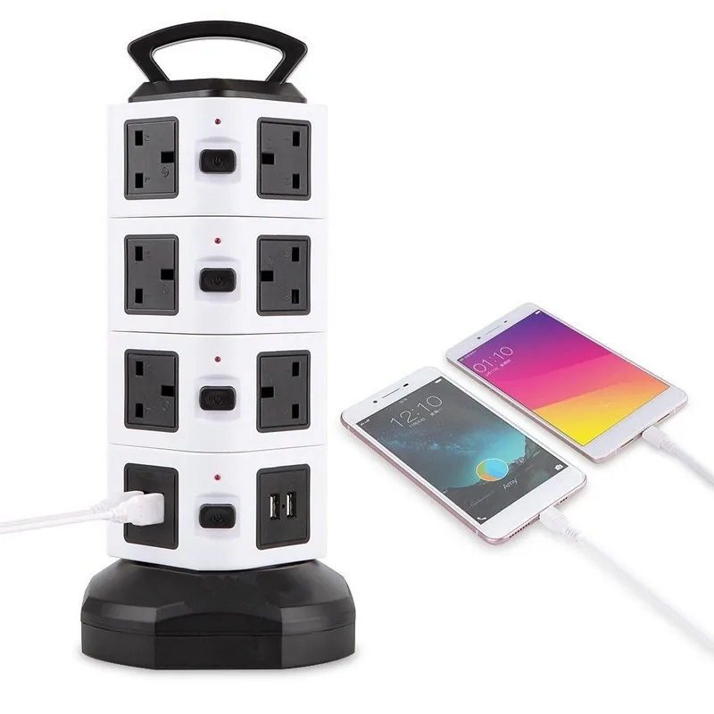 Power Adapter with Surge Protector, USB Charging Ports and Individual Switches, Rotatable Vertical Tower Power Strip