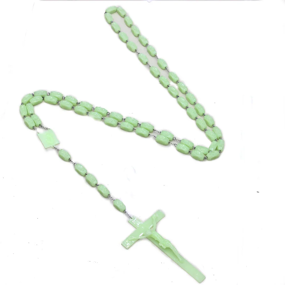 Religious Jewelry Cross Bead Luminous Plastic Glowing In Dark Prayer Rose Beads Christianity Wall Rosary Christ Necklace