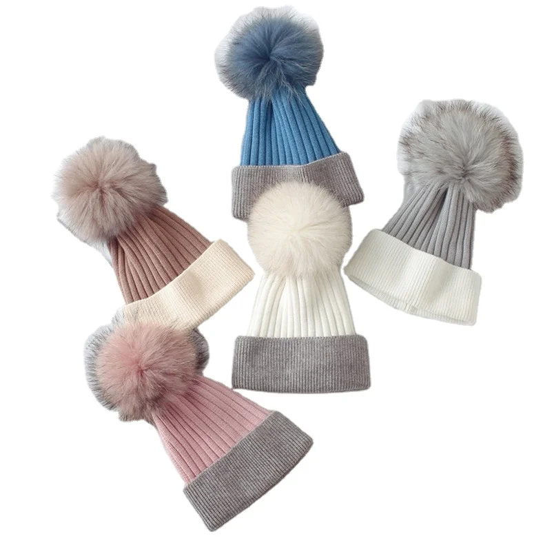 
Winter Beanie Hats With Fox Ball Fashion Hat For Women Big Ball Two Color Stripe Knit Hat 