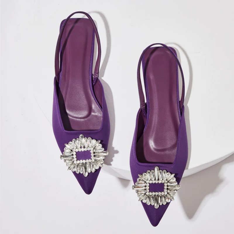 Fashion Brand Crystal Buckle Sandal Shoes Flat Heel Pointed Toe Slingback Shoes Slip On Mules Yellow Dress Pumps Shoes