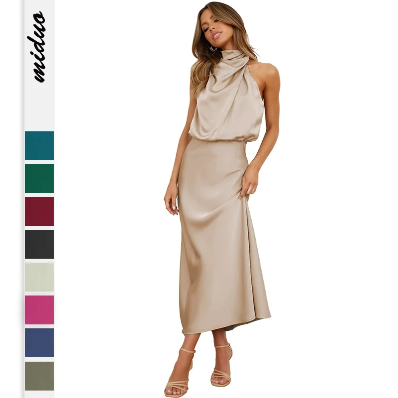 Sleeveless Mock Neck Cocktail Party Long Dresses Evening Gown Satin Dresses Women Lady Elegant