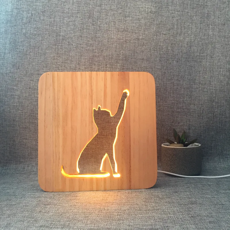 Wooden Lamp Animal Cute Cat Lamp 3D USB Led Table Light Switch Control Wood Carving Lamp