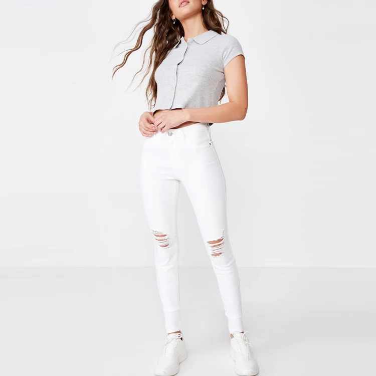summer new fashion women white high waist skinny ripped jeans