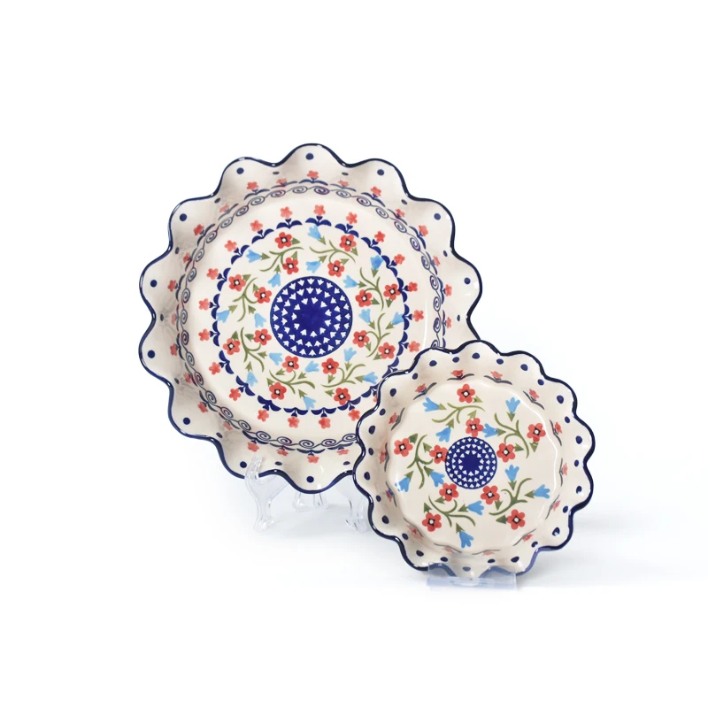 Wavy edge round pie plate can be customized logo Polish decal pie plate