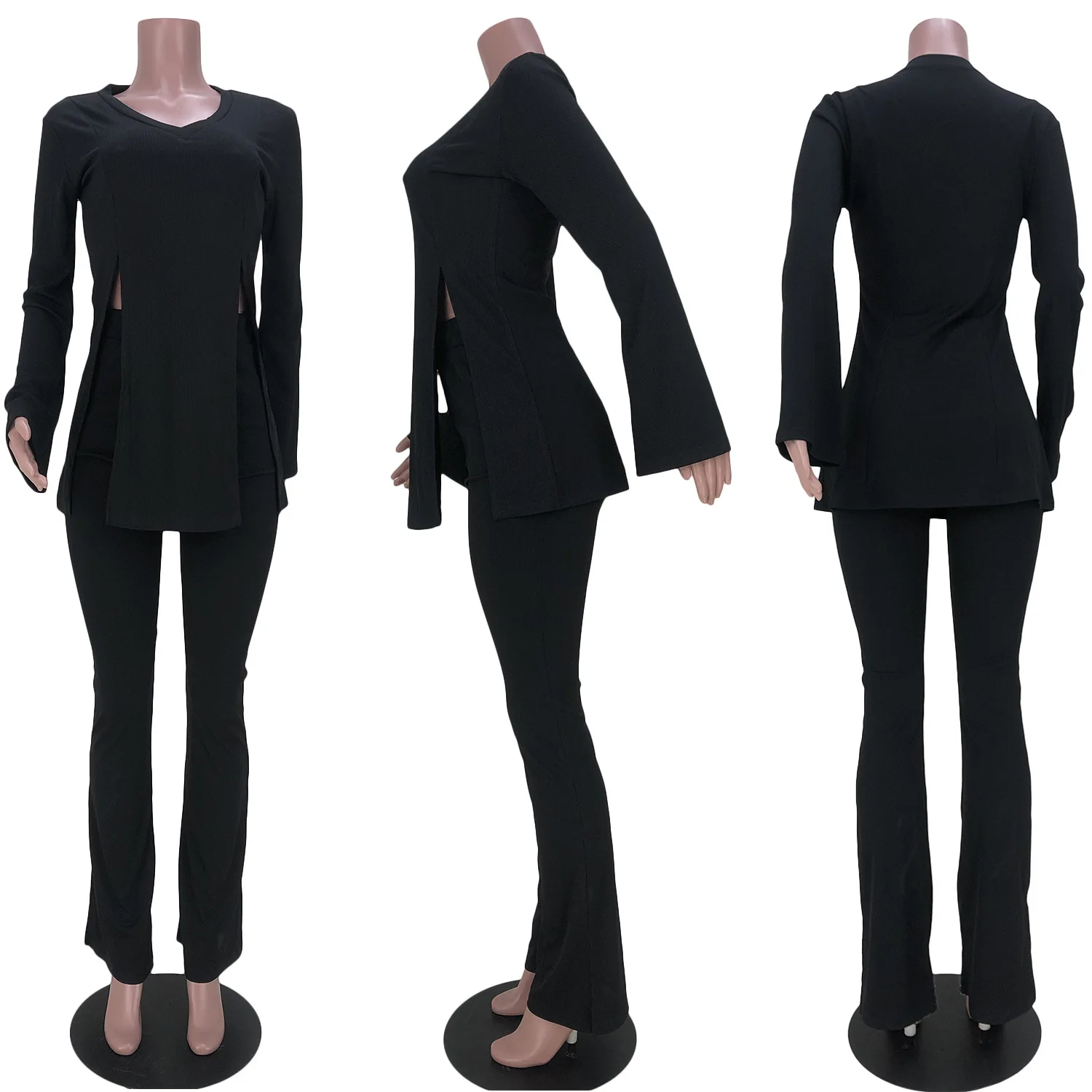 Custom Logo 2 Piece Set Fall Amazon Flared Sleeve Legging Pants T-Shirt Top Outfits Women V-Neck Suit Solid Color Two Piece Set