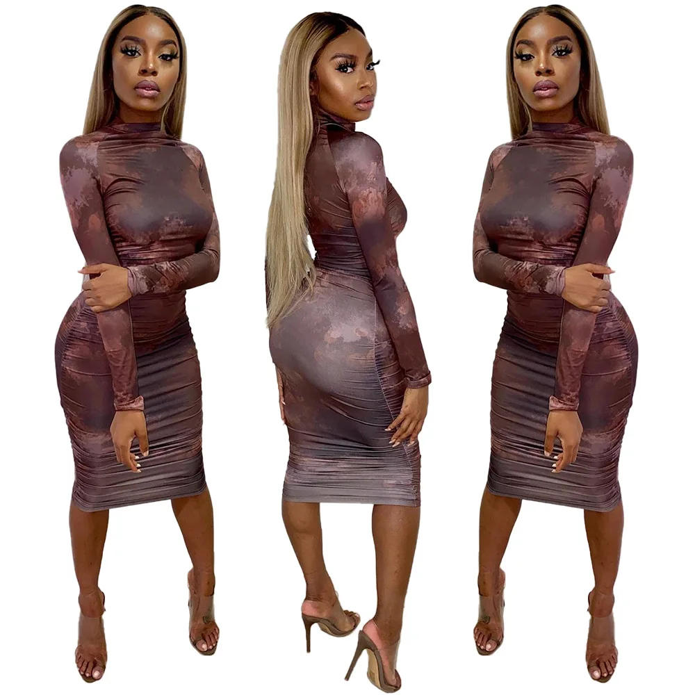 Европейская и американская мода женское повседневное облегающее платье средней длины с принтом в европейском и американском стиле