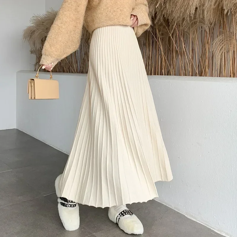 Knitted Long Maxi Skirt Women 2023 Fall Winter Casual Solid Thick Warm A Line High Waist Ankle Length Skirt Female Ladies