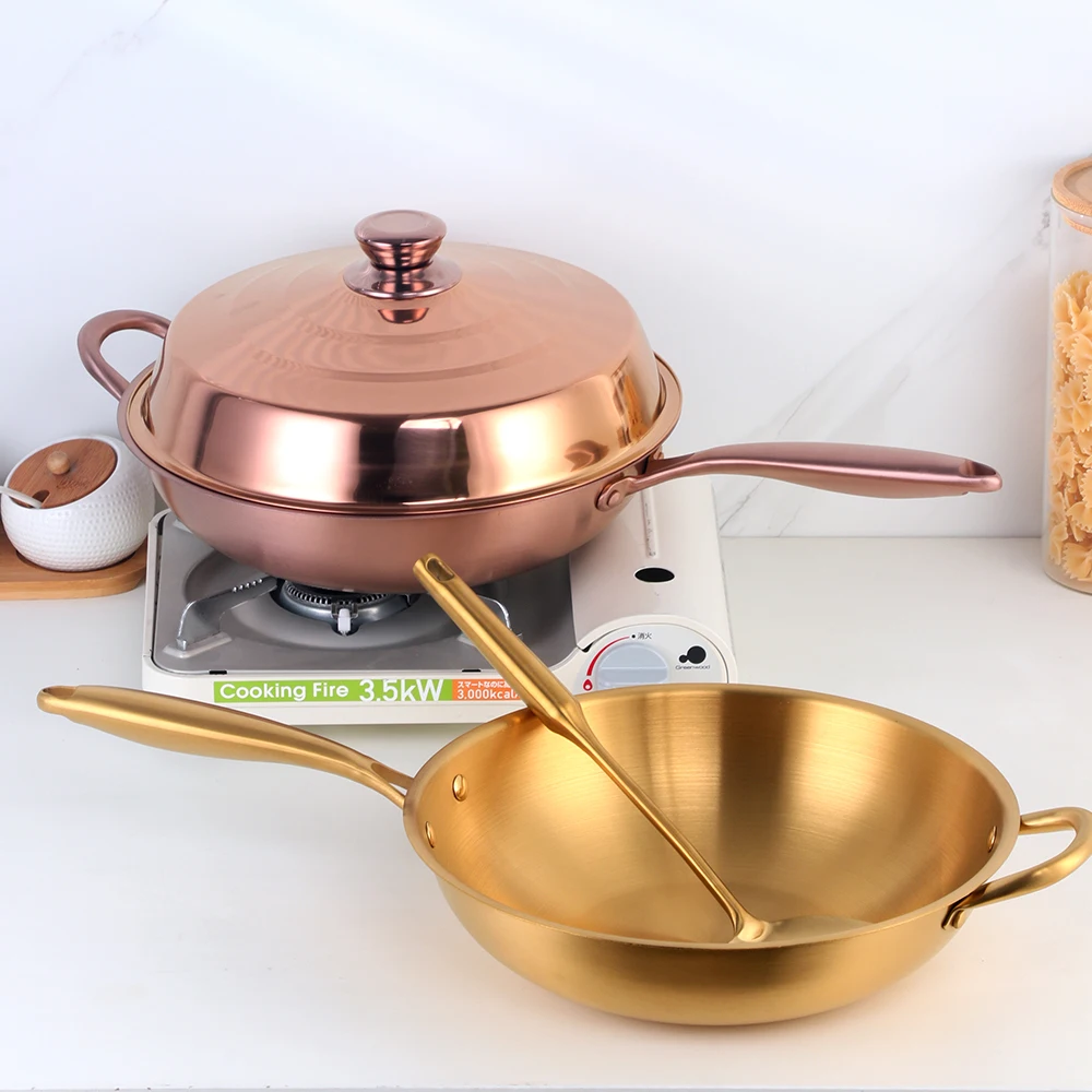 Household Matte Finish Stainless Steel Heavy Duty Wok with Lid and Cooking Shovel