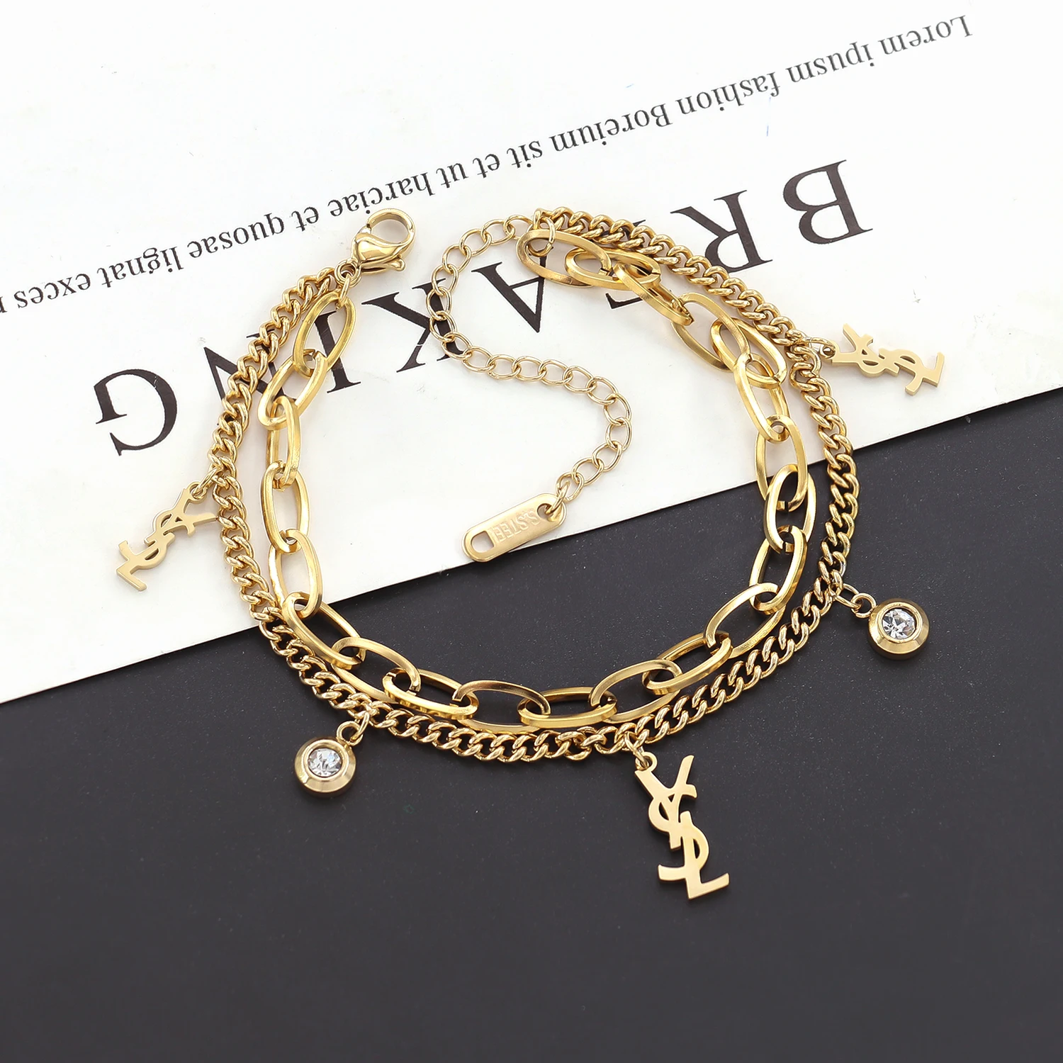 New Trendy Unisex Jewelry 18K Gold Plated Stainless Steel Double Layered Infinity Symbol Diamond Pirate Anchor Coin Bracelet