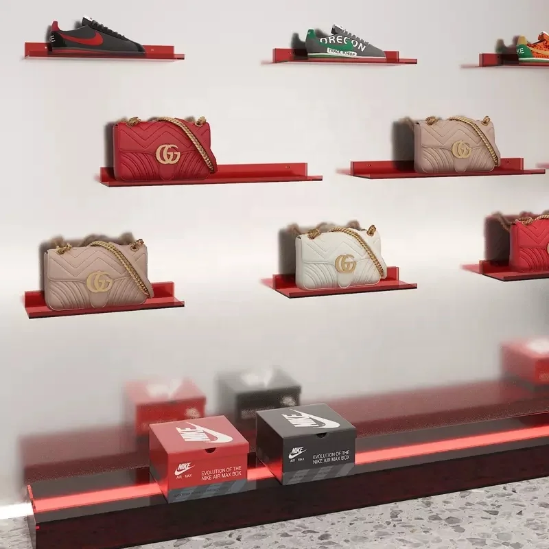 Custom Shop Design Shoe Display  Wall mounted Display Bag Retail Store Display Racks Counters for cosmetics acrylic cylinder