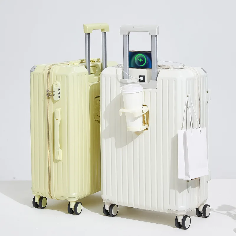 Intelligent Automatic White 20 Inch Usb Port Travel Hard trolley Suitcase Luggages With Front laptop Pocket PC/ABS luggage