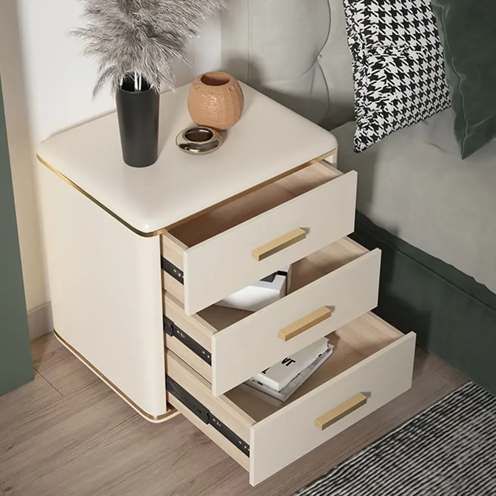 Luxury Nordic Bedroom furniture Nightstand White Gold Khaki cream color Solid Wood MDF 3 Drawers Bedside Tables