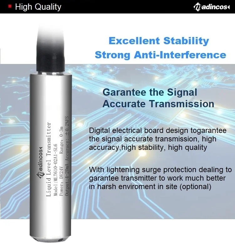 Madincos MLT610: 0.2%  High Quality Submergible Throw-in  4-20ma Liquid  Level Transmitter with 3m Water Level Measurement