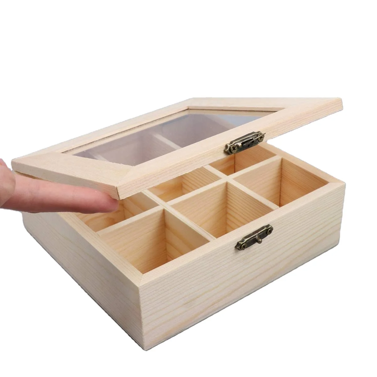 Unfinished Natural Wooden Tea Bag Box Organizer with 9 Compartments and Clear Window