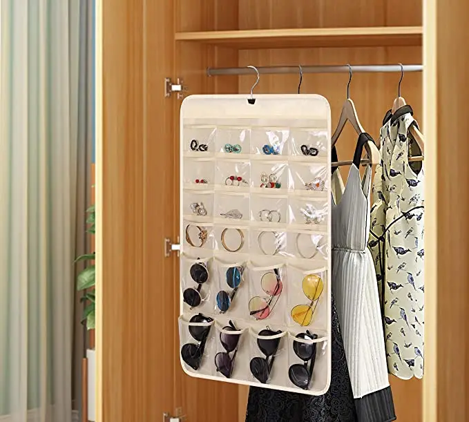 Hanging Jewelry Organizer Sunglasses Holder Hanger with 16 Large Pockets for Earring Necklace Bracelet Closet