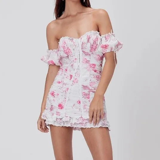 Lady Lantern Sleeve Cute Pink Flower Print Blouse With Mini Embroidery Skirt