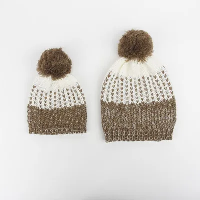 E129  Fashion Baby Mama Winter Warm Beanie Fur Ball Wool Knitted Hats Pom Pom Beanie Mom and Baby hat