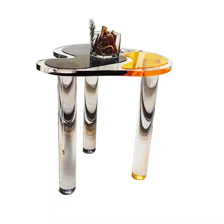 Colored acrylic side table with modern personalized design, organic glass coffee round table, bedroom customizable