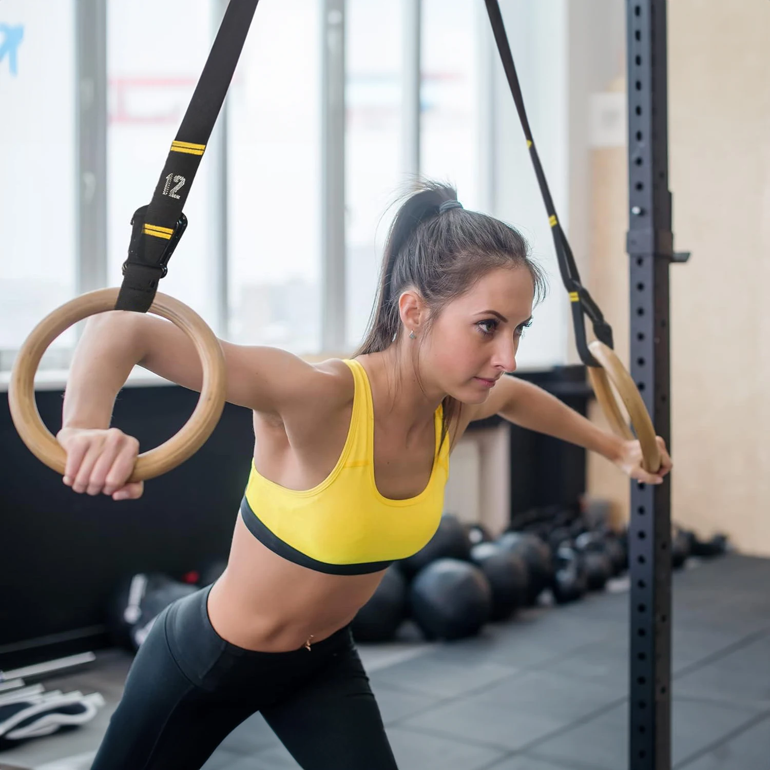 Quick Adjust Numbered Straps and Exercise Videos Guide Wood Gymnastics Rings Wooden Rings Training Gym Fitness Calisthenics