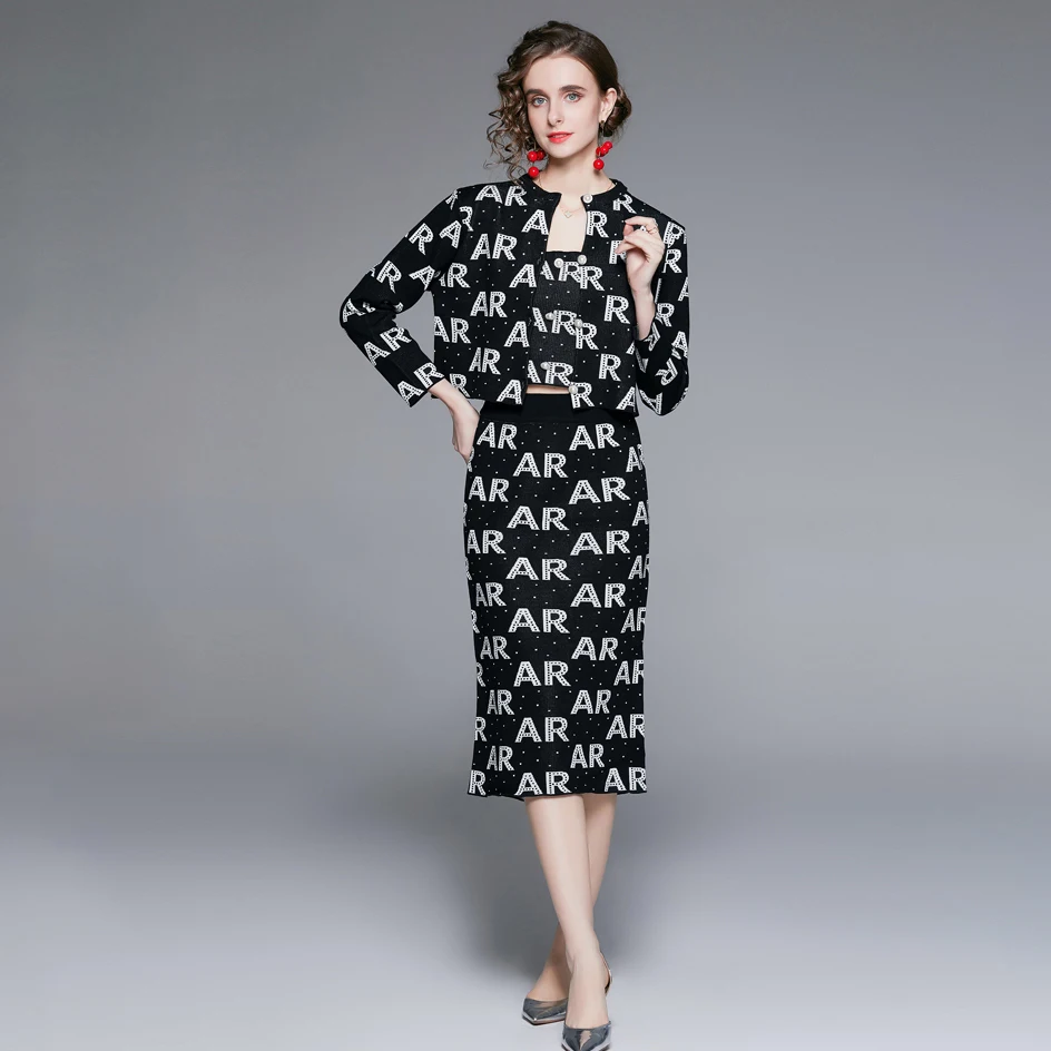 2023 spot new product elegant casual wear jacquard knitted one-neck jacket + vest + half lady dresses three-piece suit