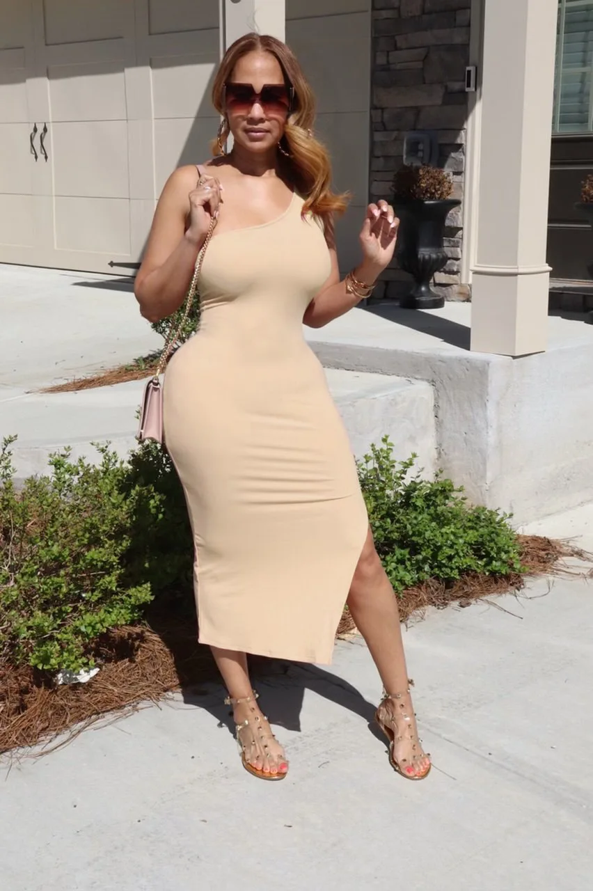 QuiteS Ins Style Solid Color Sexy One Shoulder Strap Split Dress Fashion Temperament Female Dress Long Dresses Women