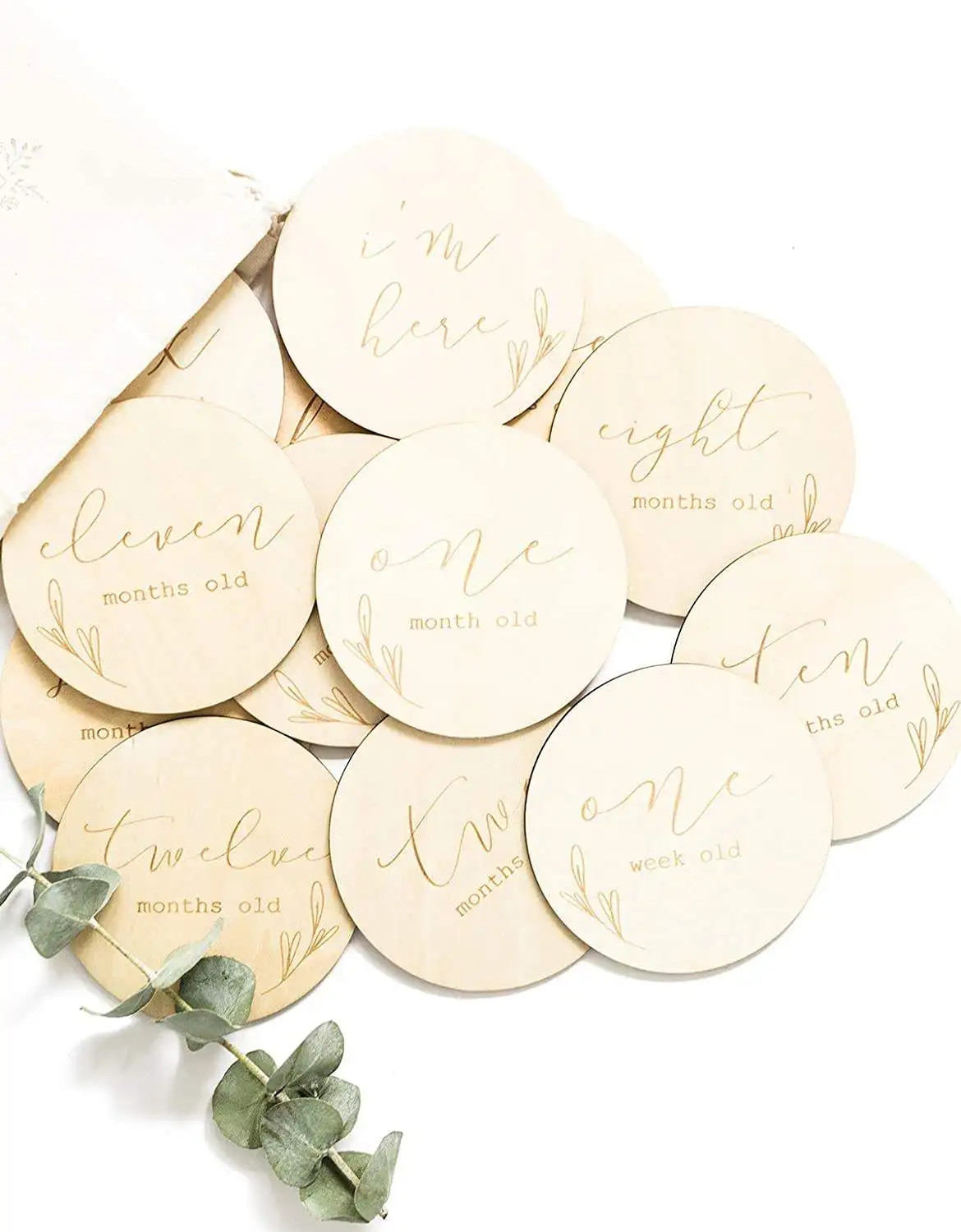 Baby Milestone Cards/Baby Milestone Plaques - Vintage Leaf Design - Engraved in Natural Wood