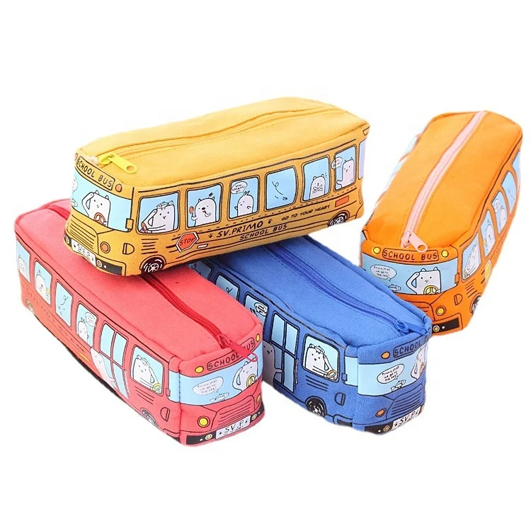 Big Capacity Canvas Storage Pouches Cute Bus Shape Printing Stationery Bag Holder Creative Colorful Pupil Pencil Case