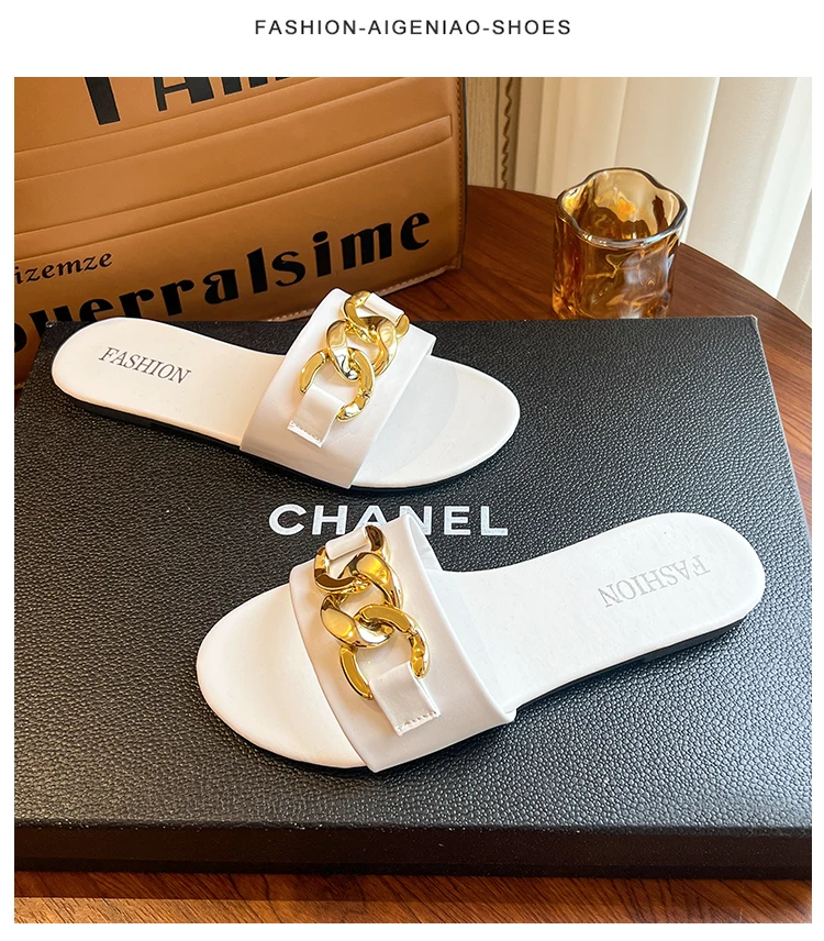 new fashion metal buckle large size women flat non-slip open toe slipper slides pvc sandals metal chain women sandals