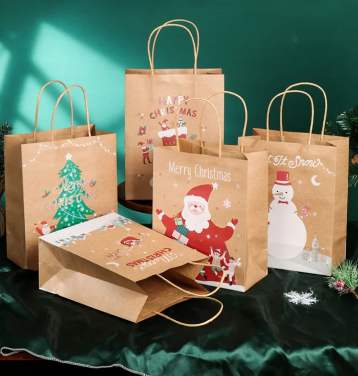 Hot selling premium paper packaging holiday recycled kraft paper bag takeout christmas paper bag