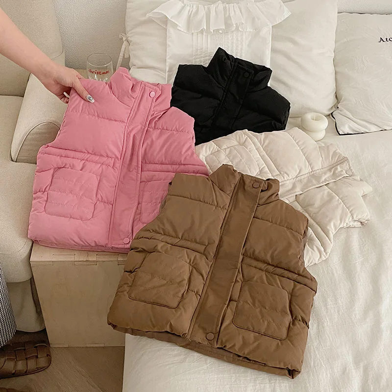 Yiwu Ruidian 2024 New Winter Children Coat Stand Collar Down Cotton Vest Fashion Girl Trendy Coats Winter Bubble Vest Wholesale