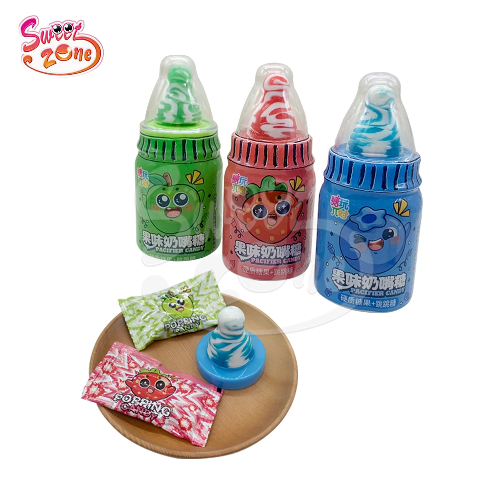 Wholesale oem plastic milk bottle shape nipple hard candy with popping candy