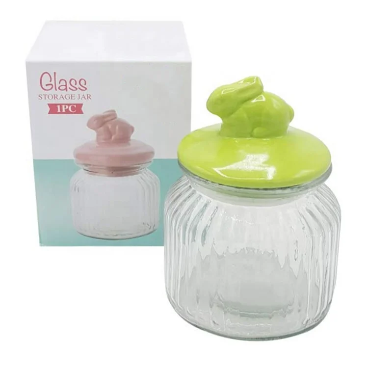 Easter Clear Airtight Ribbed Glass Candy Dessert Cookie Food Storage Jar with Decorative Rabbit Shape Ceramic Lid