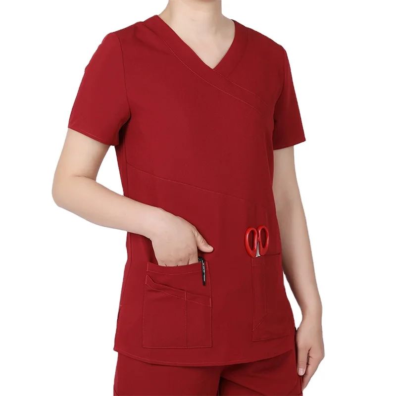 Plus Size Red Custom Short Sleeve V Neck Scrub Uniforms Sets Nurse and Doctor Wear Hospital Medical Fashionable Top and Pants