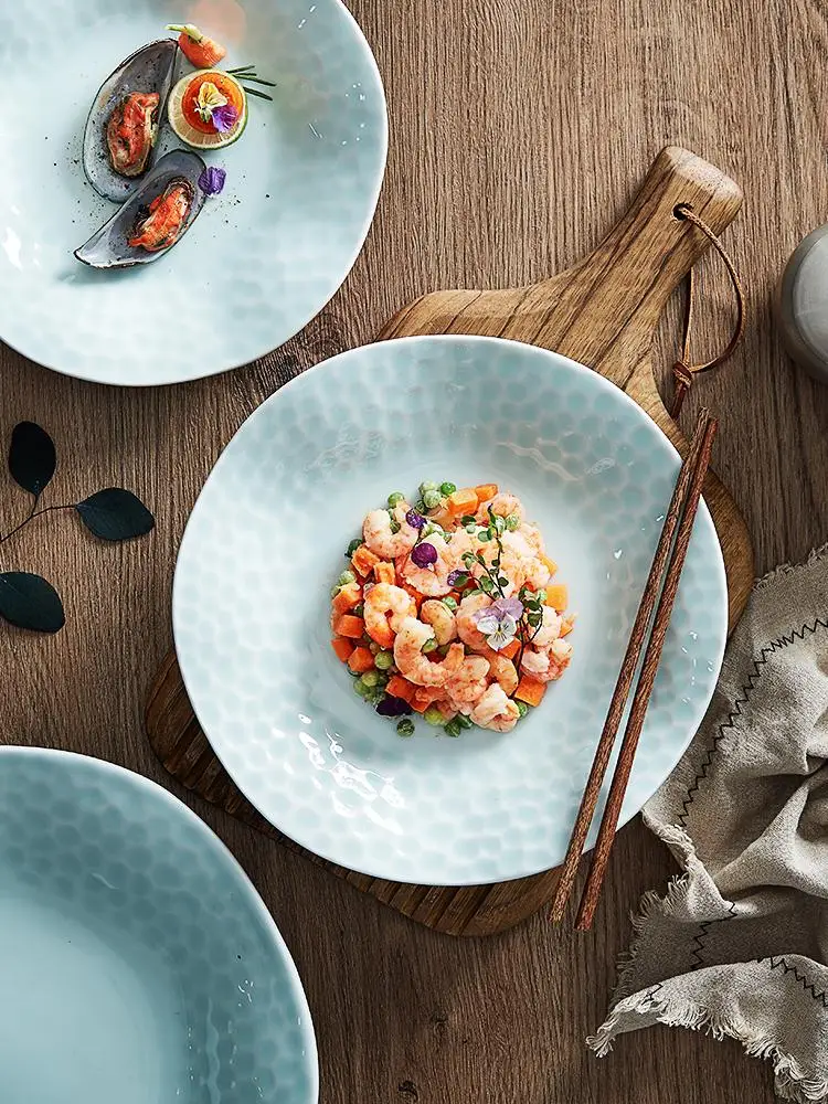 
10-inch Chinese ceramic irregular Light blue ceramic plate deep disc Western Tableware Food dish 