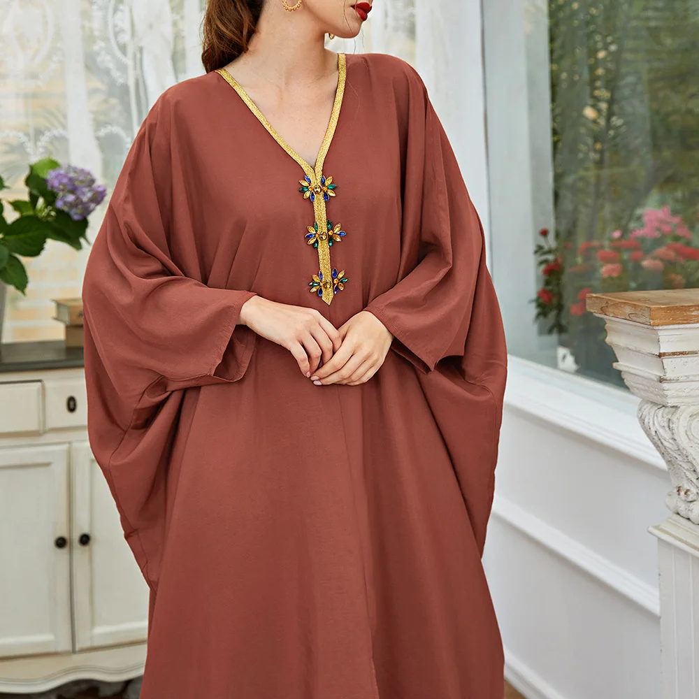 Middle East new Muslim V-neck casual printed breathable loose robe daffah abaya thobes ramadan women elegant Islamic clothing