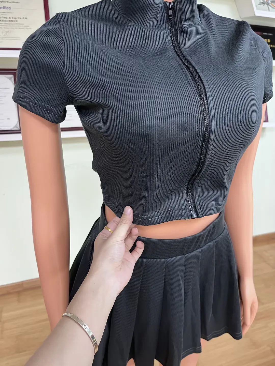 2024 Summersets for women  2 Piece Skirt Set Party Club Outfits Zipper Top coat Mini Pleated Skirt Patchwork women clothes set