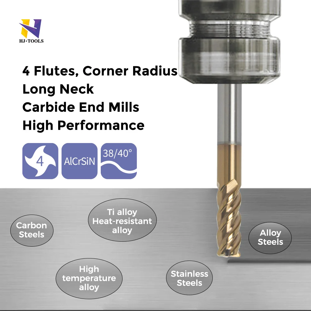 Carbide Long Neck End Mill 4 Flute Milling Cutter Solid Carbide Unequal helix Endmill for stainless steel and titanium