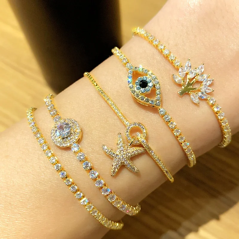 2020 Fashion Plated 18k Gold Zircon Starfish Life Tree Evil Eye Charm Bracelet women