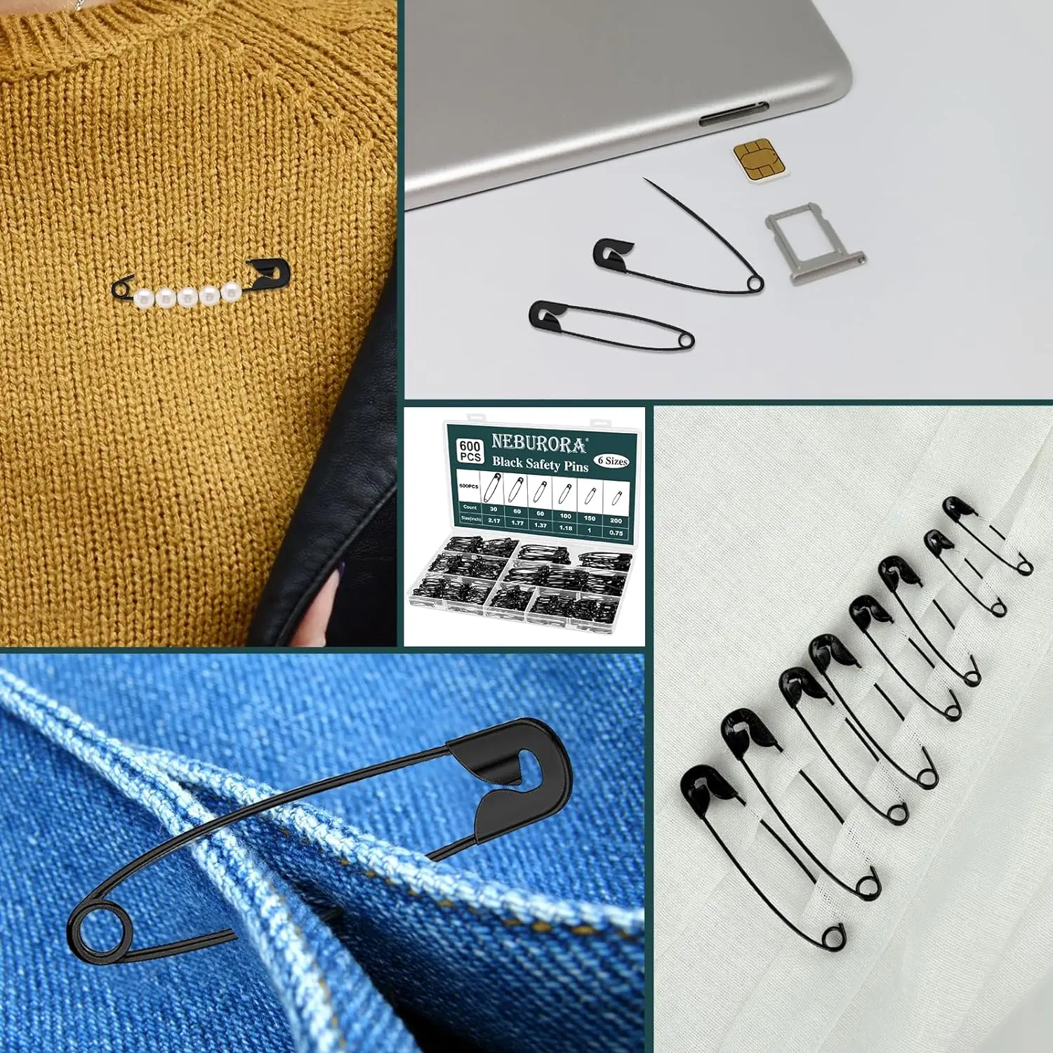 The Black Color Safety Pins with Different Size  for  for Clothes Home School Office Sewing Craft and Arts Pinning